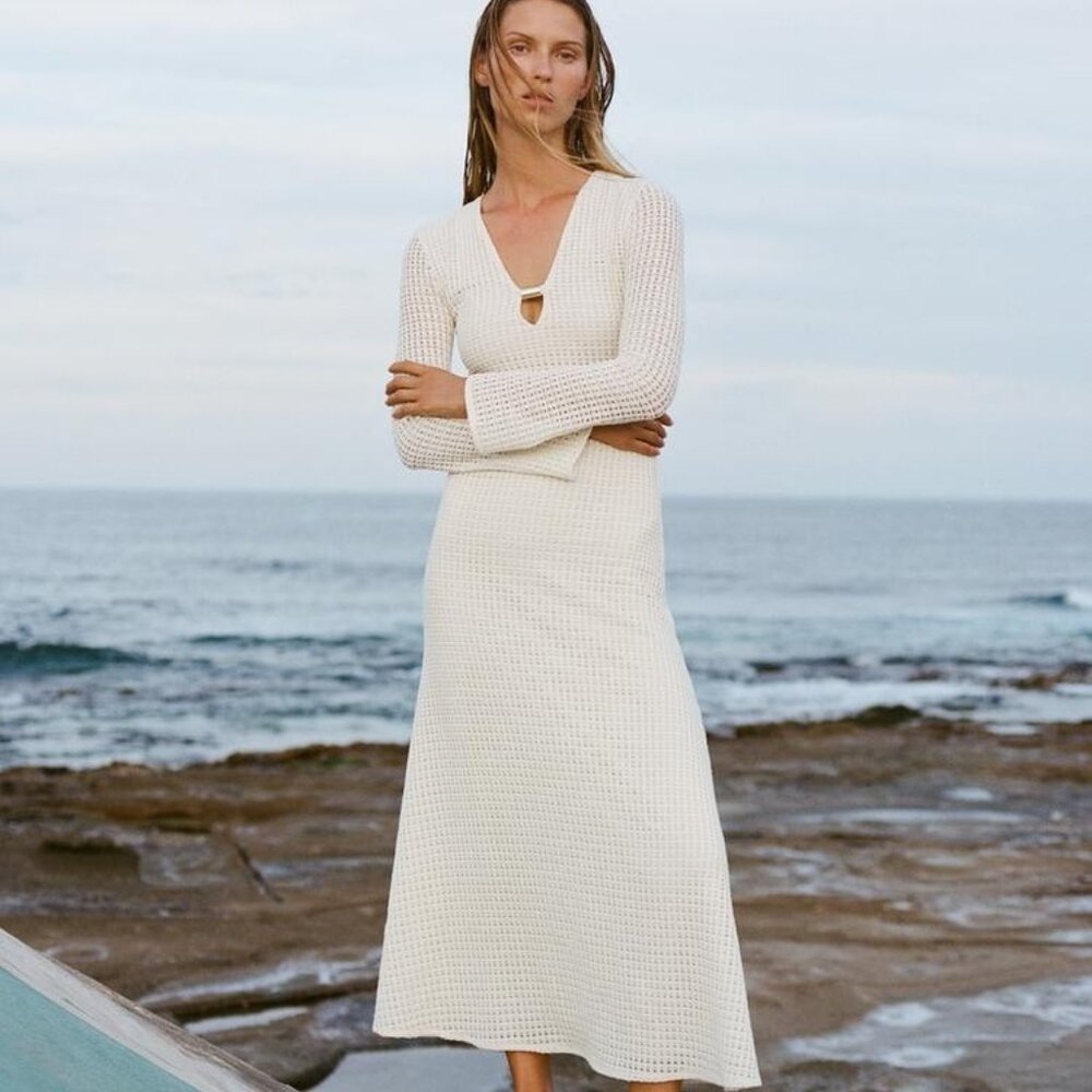 Zara Crochet Long Sleeve White Dress